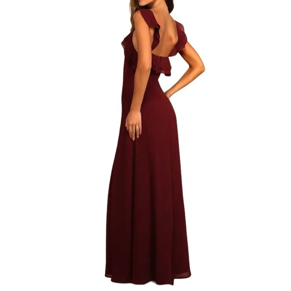 Lulus Dress Large Burgundy Adorning Glances Ruffles‎ Resort Wedding Formal READ